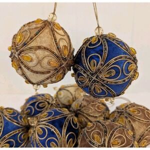Lot 9 Blue Gold Velvet PUSH PIN Christmas Ornaments Beaded Trim MCM Vintage